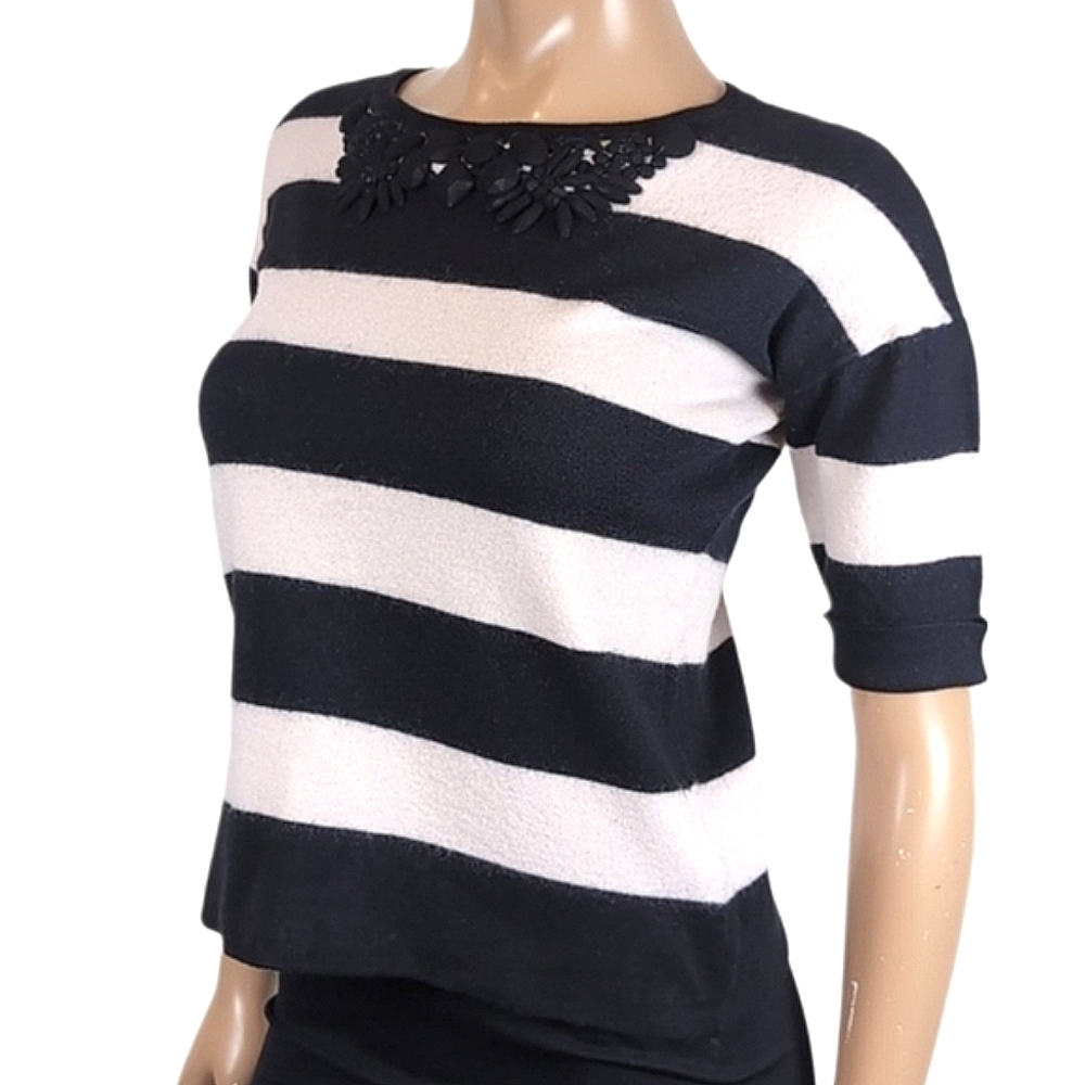 Boden Striped Wool Sweater Short Sleeve Beaded Embellished Cropped Black White